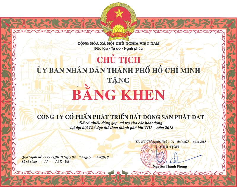 BẰNG KHEN CHỦ TỊCH UBND TP.HCM ĐÃ CÓ NHIỀU ĐÓNG GÓP, TÀI TRỢ CHO CÁC HOẠT ĐỘNG TẠI ĐẠI HỘI THỂ DỤC THỂ THAO THÀNH PHỐ LẦN VIII - NĂM 2018