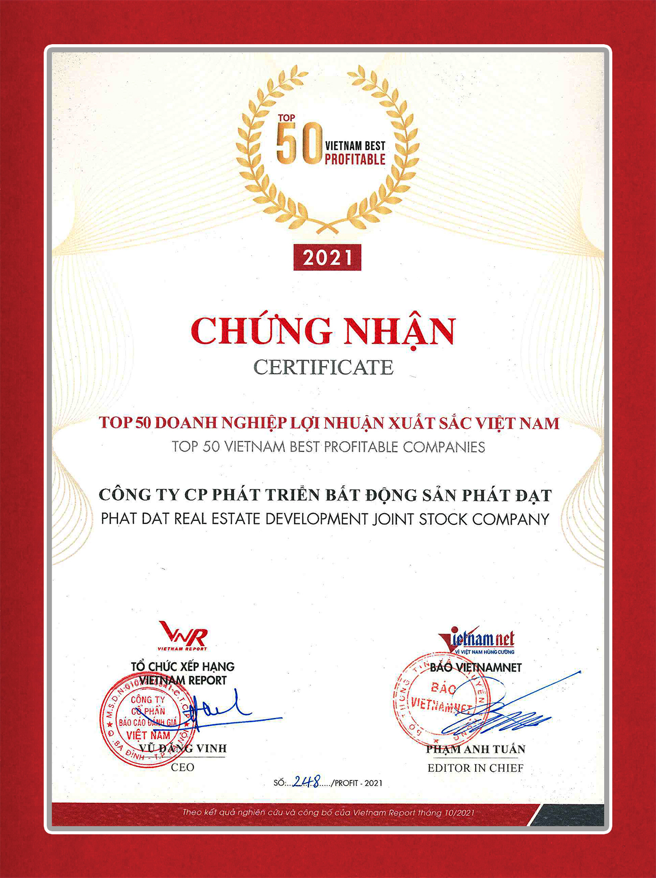 TOP 50 DOANH NGHIỆP LỢI NHUẬN XUẤT SẮC VIỆT NAM NĂM 2021